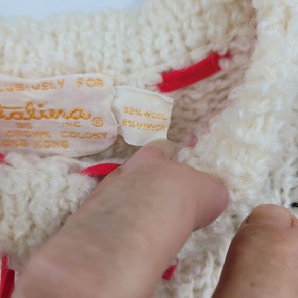 Vintage 60's Sweater Tunic Wool Knobby Knit Ivory Holiday GoGo Pink Ribbon S - Picture 11 of 12